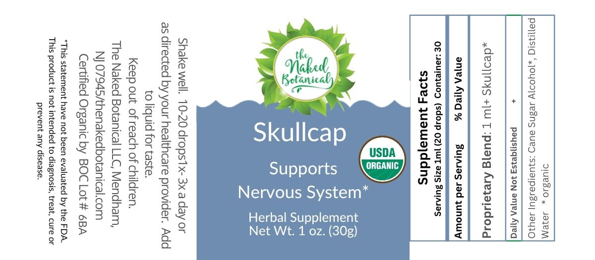 A supplement label for Skullcap herbal supplement by The Naked Botanicals, featuring a blue and white design with green leaf accents, product details, and a supplement facts panel.
