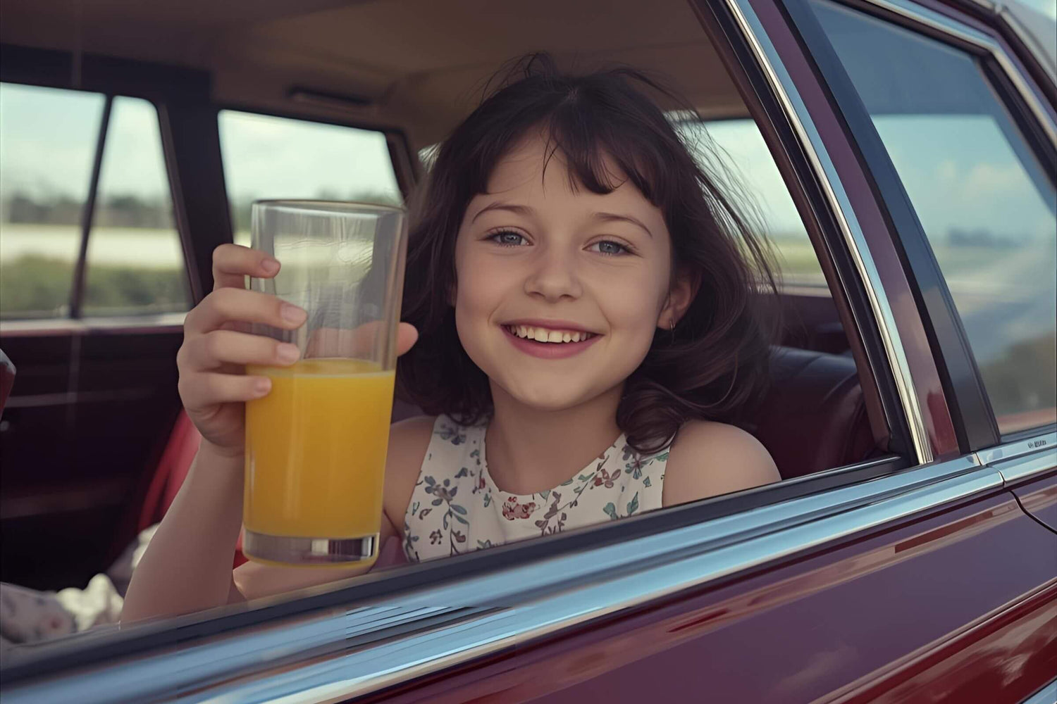 Little girl holding up a glass of Florida orange juice.