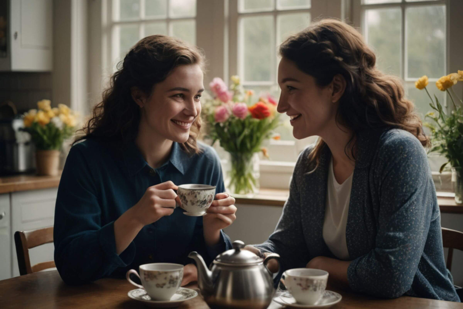 Two women enjoying each other with a cup of tea. The Naked Botanical