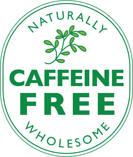 Naturally caffeine-free logo with green text and leaf design on a white background describing  The Naked Botanical's products