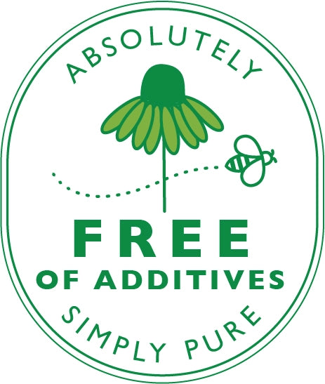 Logo with green text 'Absolutely Free of Additives Simply Pure' featuring a flower and bee symbol for The Naked Botanical