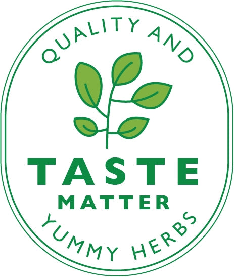 Logo with green leaves and text 'Quality and Taste Matter, Yummy Herbs' on a white background for The Naked Botanical.