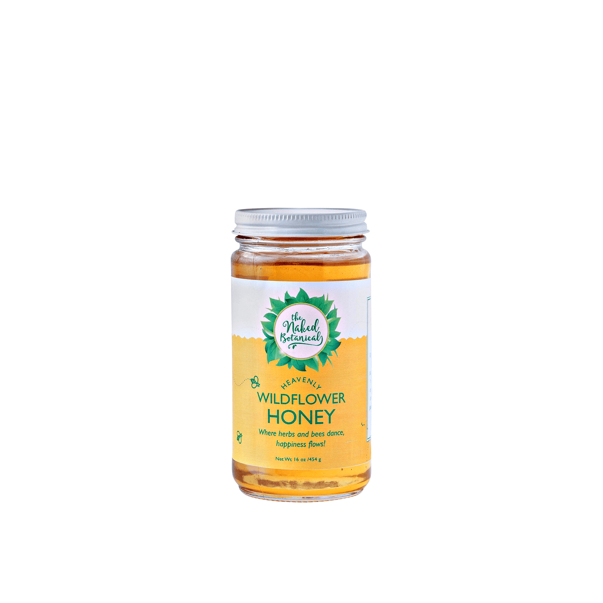 A glass jar of The Naked Botanical Wildflower Honey with a white lid and a white and yellow label, set against a plain white background.  The honey is from The Naked Botanical&